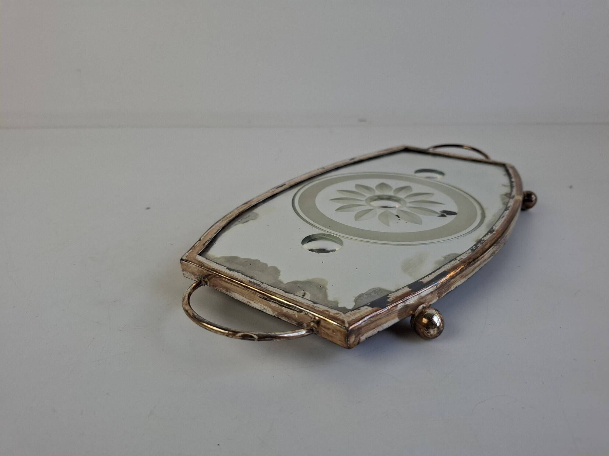 Vintage Art Deco Mirrored Glass Serving Tray with Floral Motif