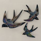 3 iridescent ceramic swallows