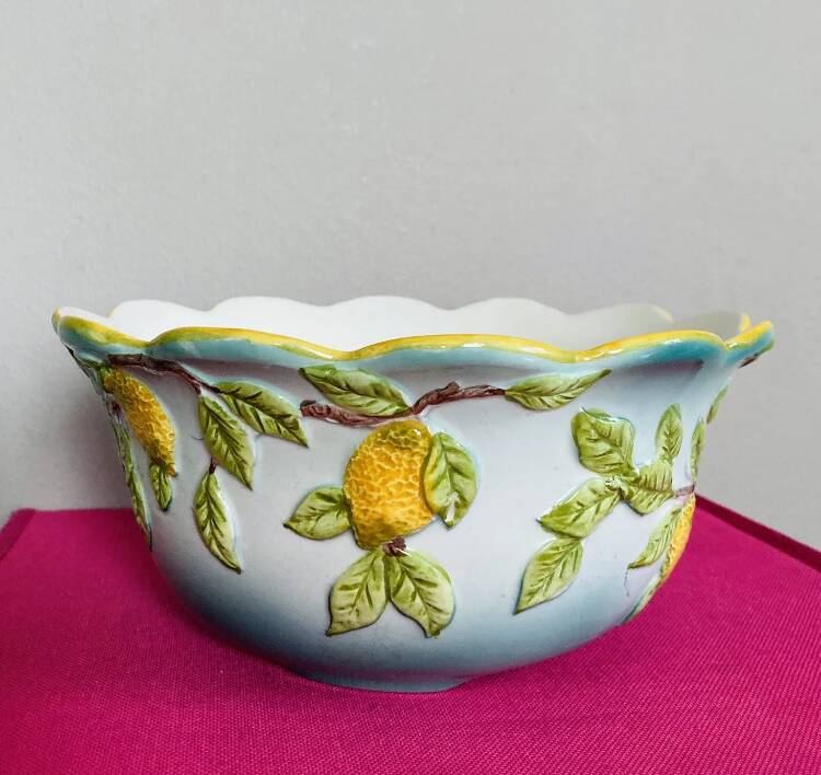 Ceramic cup decorated with lemons in relief, artist GV, 20th century