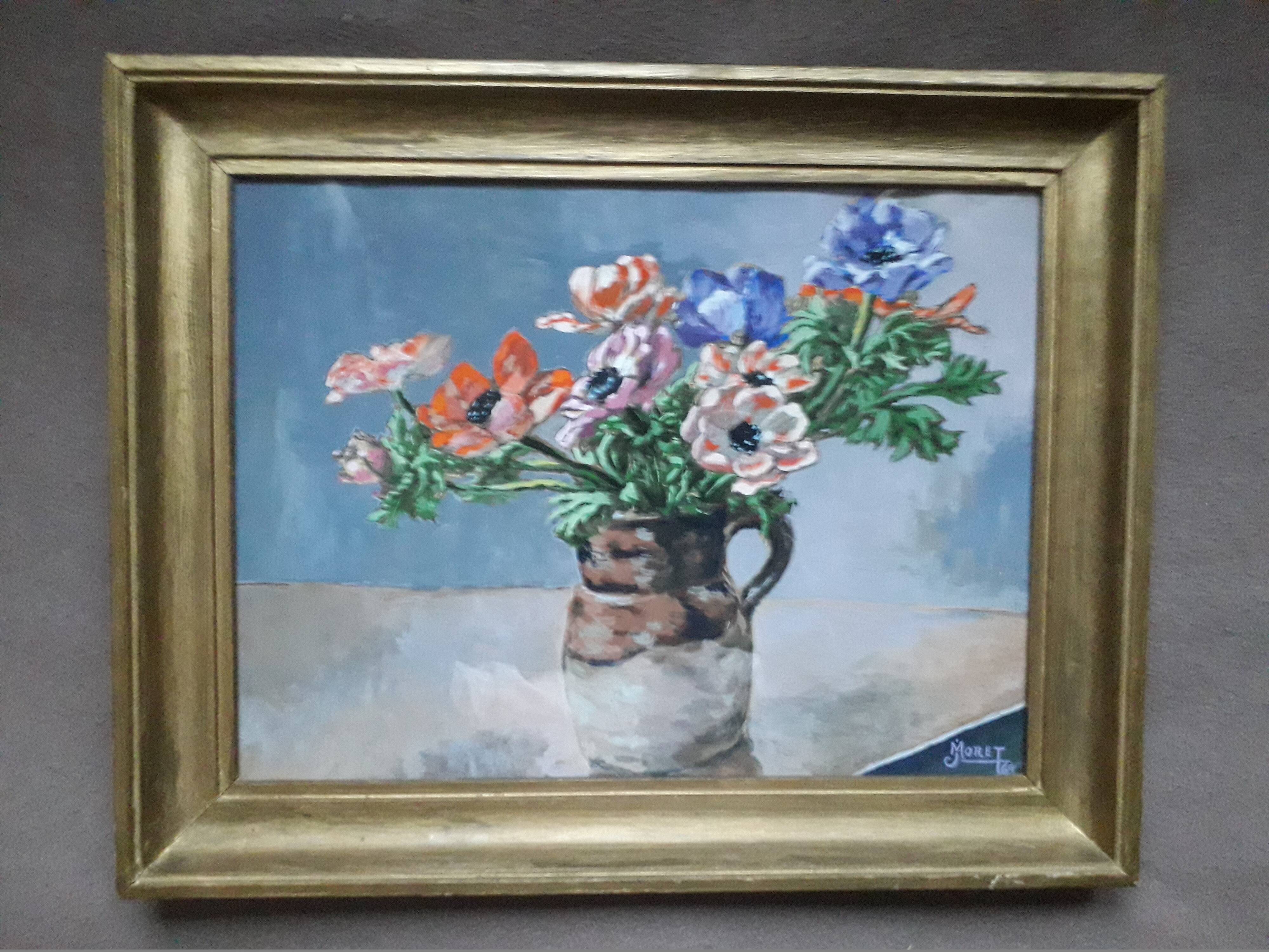 Tableau ancien représentant un bouquet d'anémones