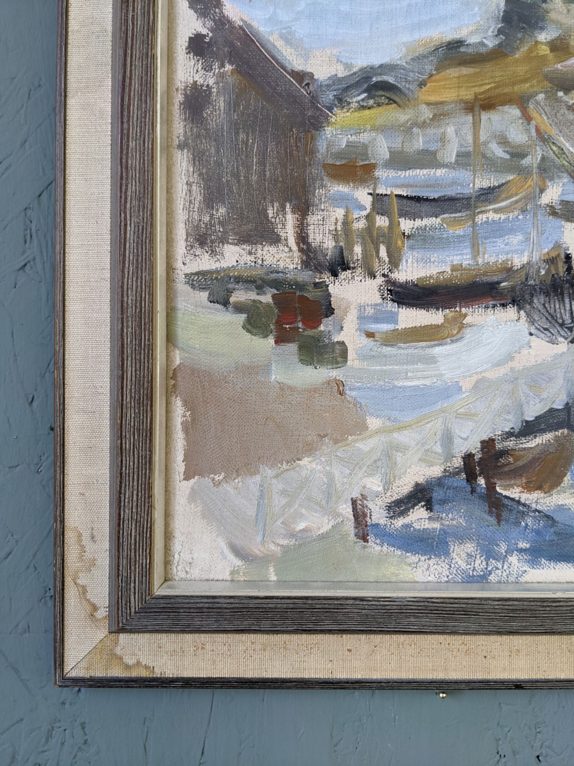 Mid-century modern swedish "archipelago boats" vintage seascape, framed oil painting