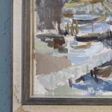 Mid-century modern swedish "archipelago boats" vintage seascape, framed oil painting