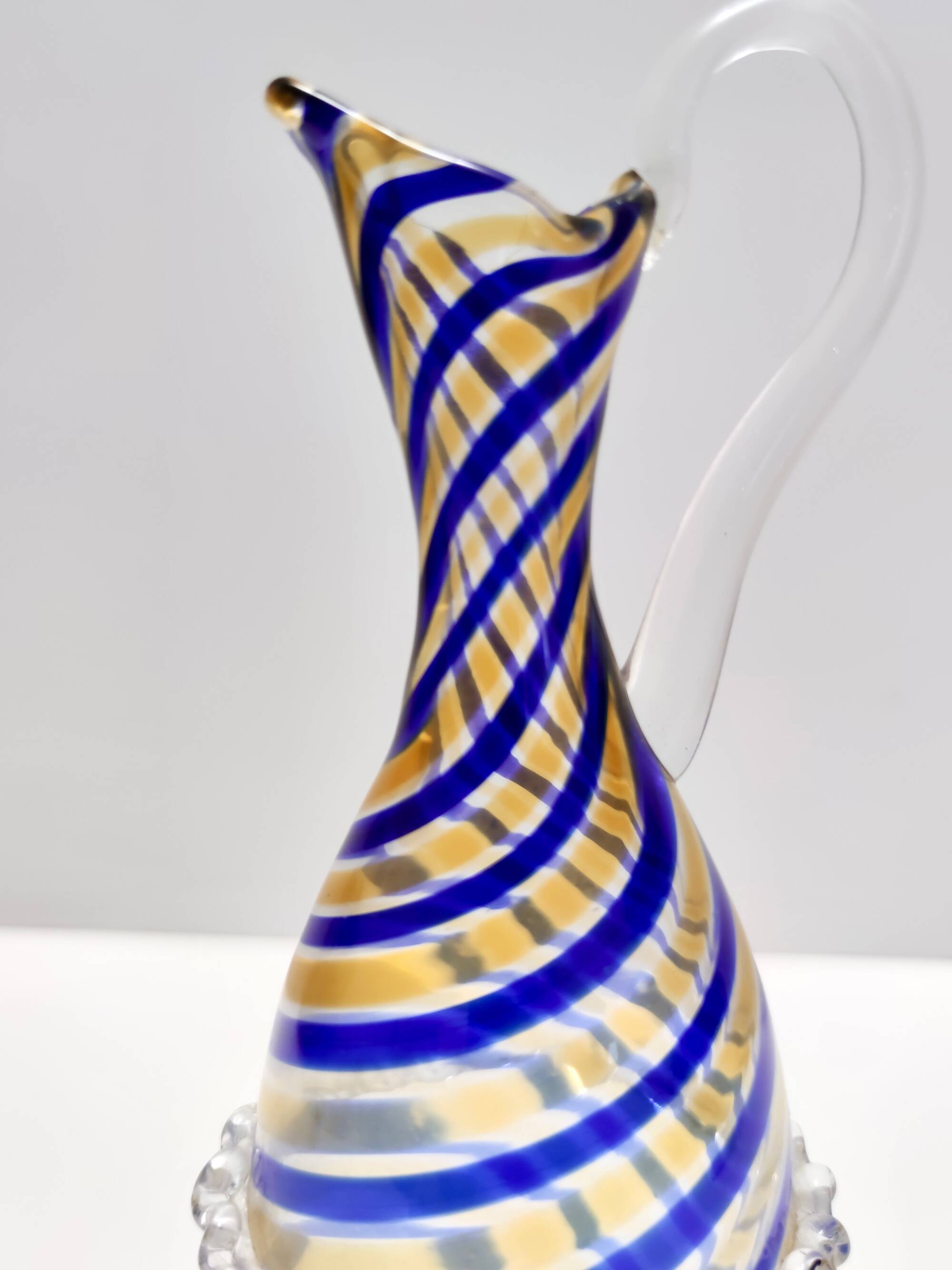 Murano Glass Pitcher Vase Ascribable to Toso with Blue and Yellow Canes