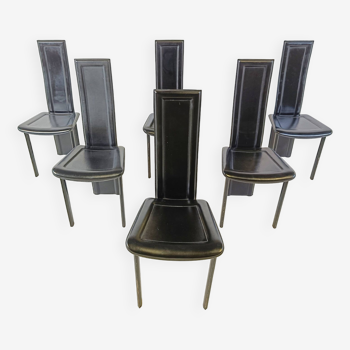 6 chaises de salle à manger en cuir noir, 1980