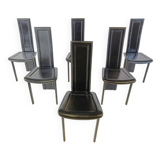 6 chaises de salle à manger en cuir noir, 1980