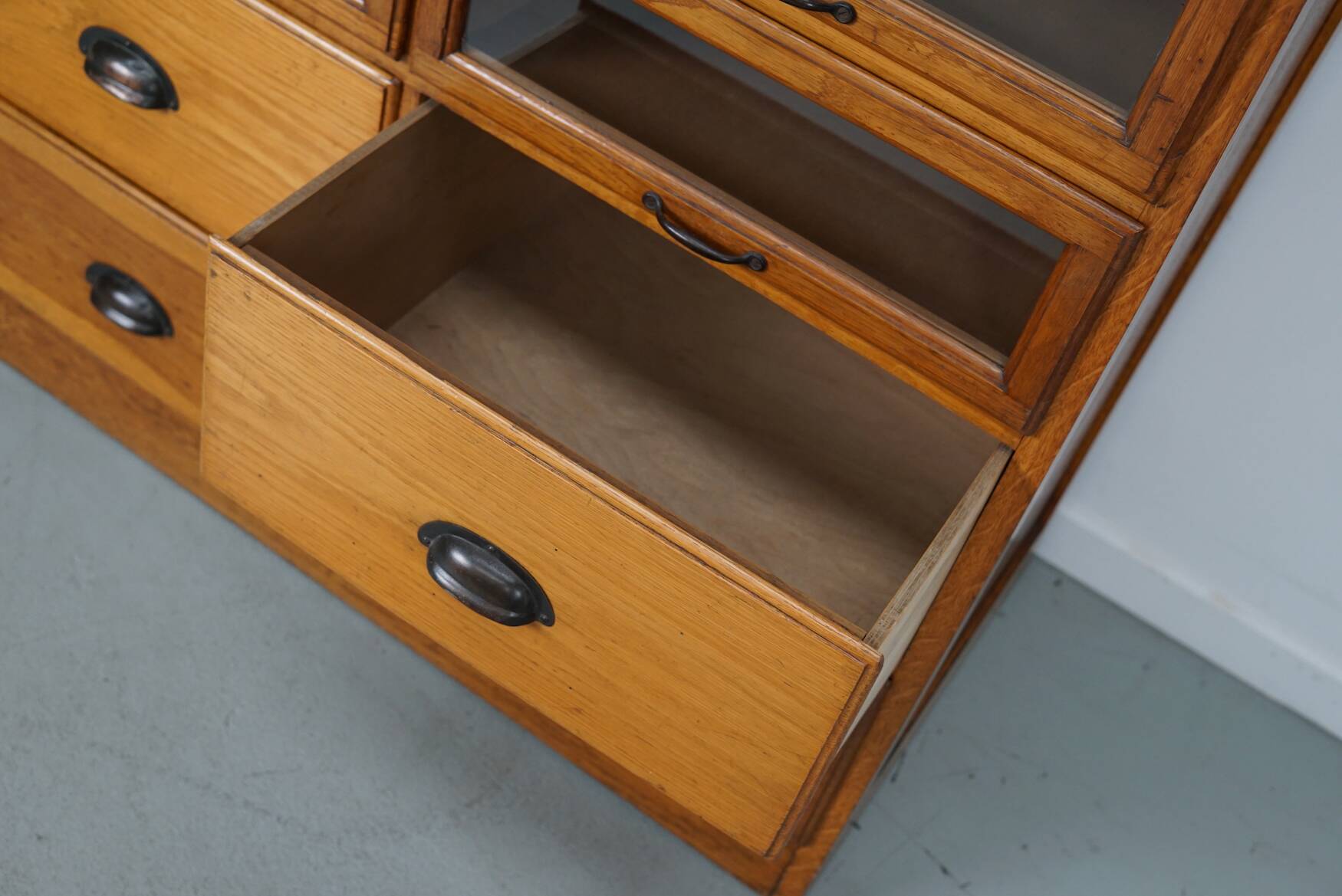English Haberdashery Shop Cabinet with Glass Fronted Drawers, Circa 1930s