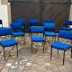 13 chaises vintage en tissu bleu et métal noir dans le goût de Guermonprez