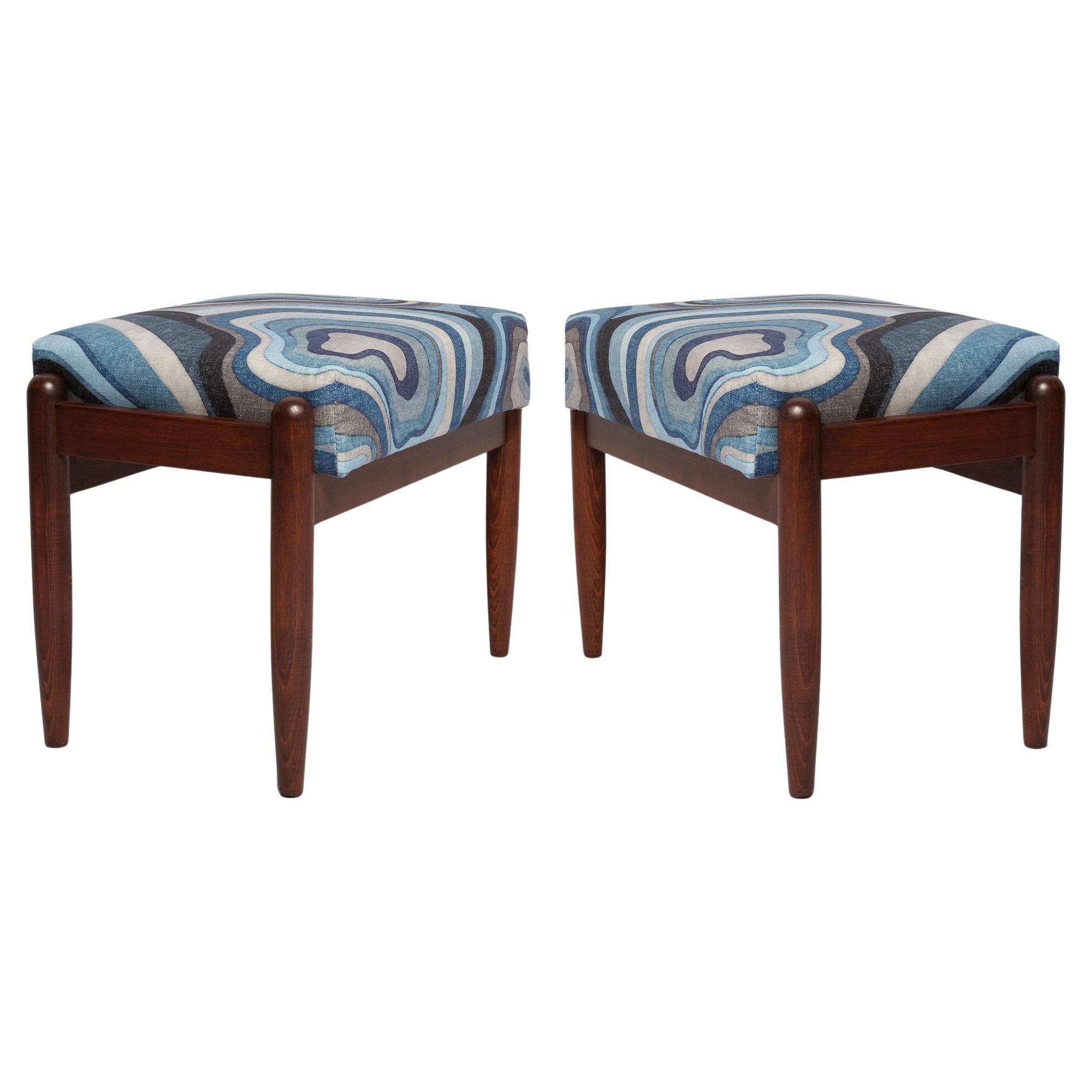 Set of two GFM stools in blue linen, mid-century style, Edmund Homa, Europe, 1960s.