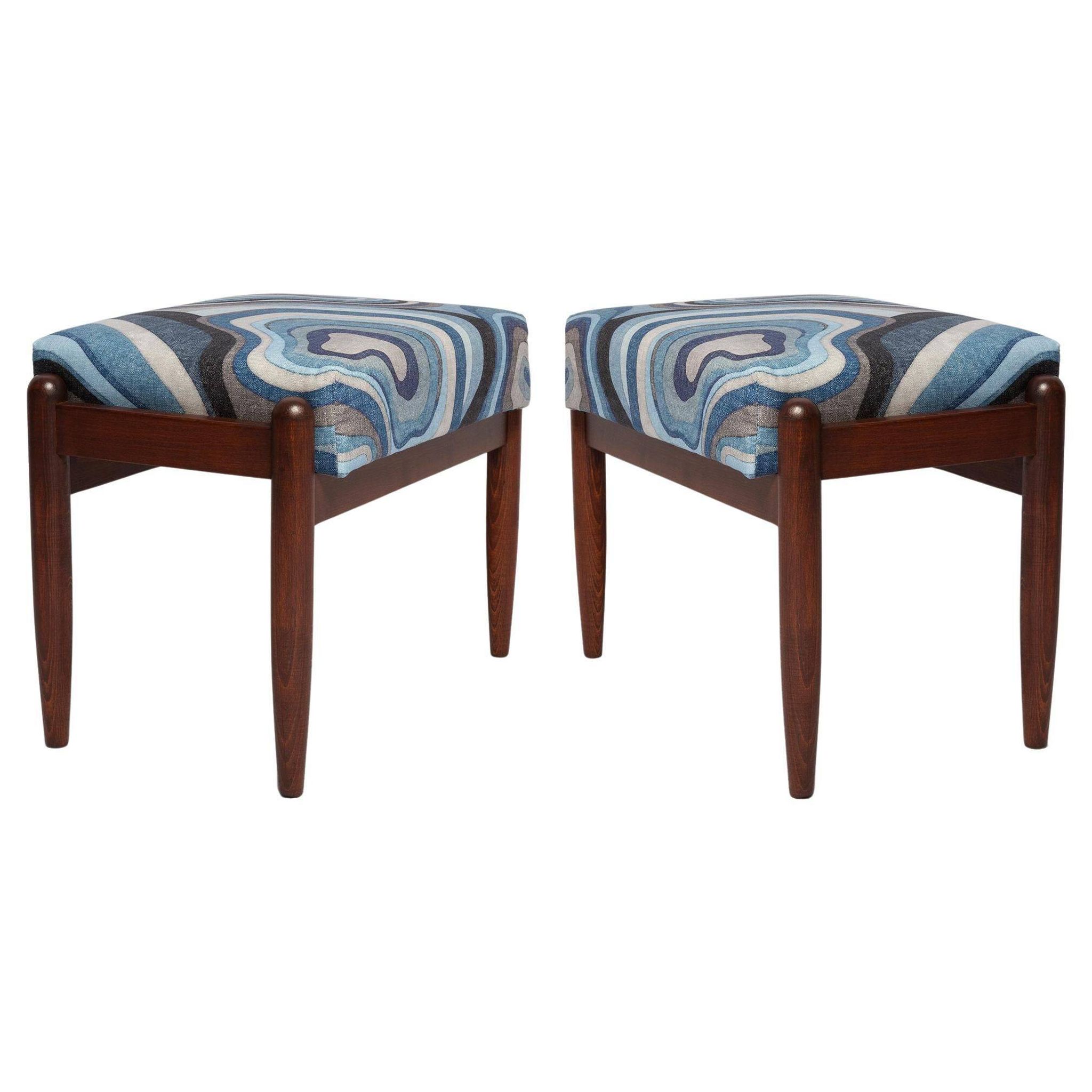 Set of two GFM stools in blue linen, mid-century style, Edmund Homa, Europe, 1960s.