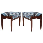 Set of two GFM stools in blue linen, mid-century style, Edmund Homa, Europe, 1960s.