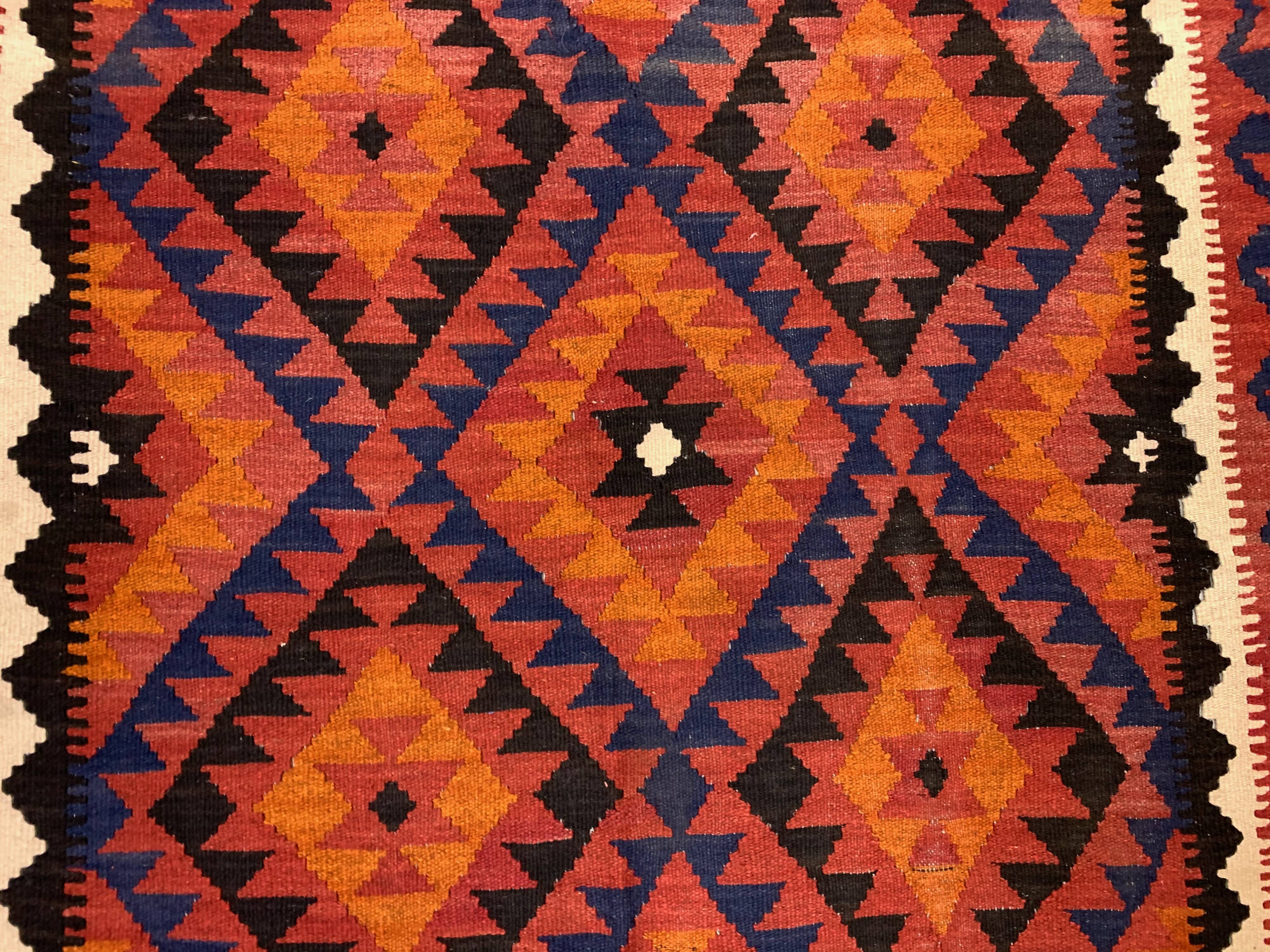 Vintage Afghan Tribal Kilim Wool Rug 252x154 cm Red, Orange, Brown, Black Large