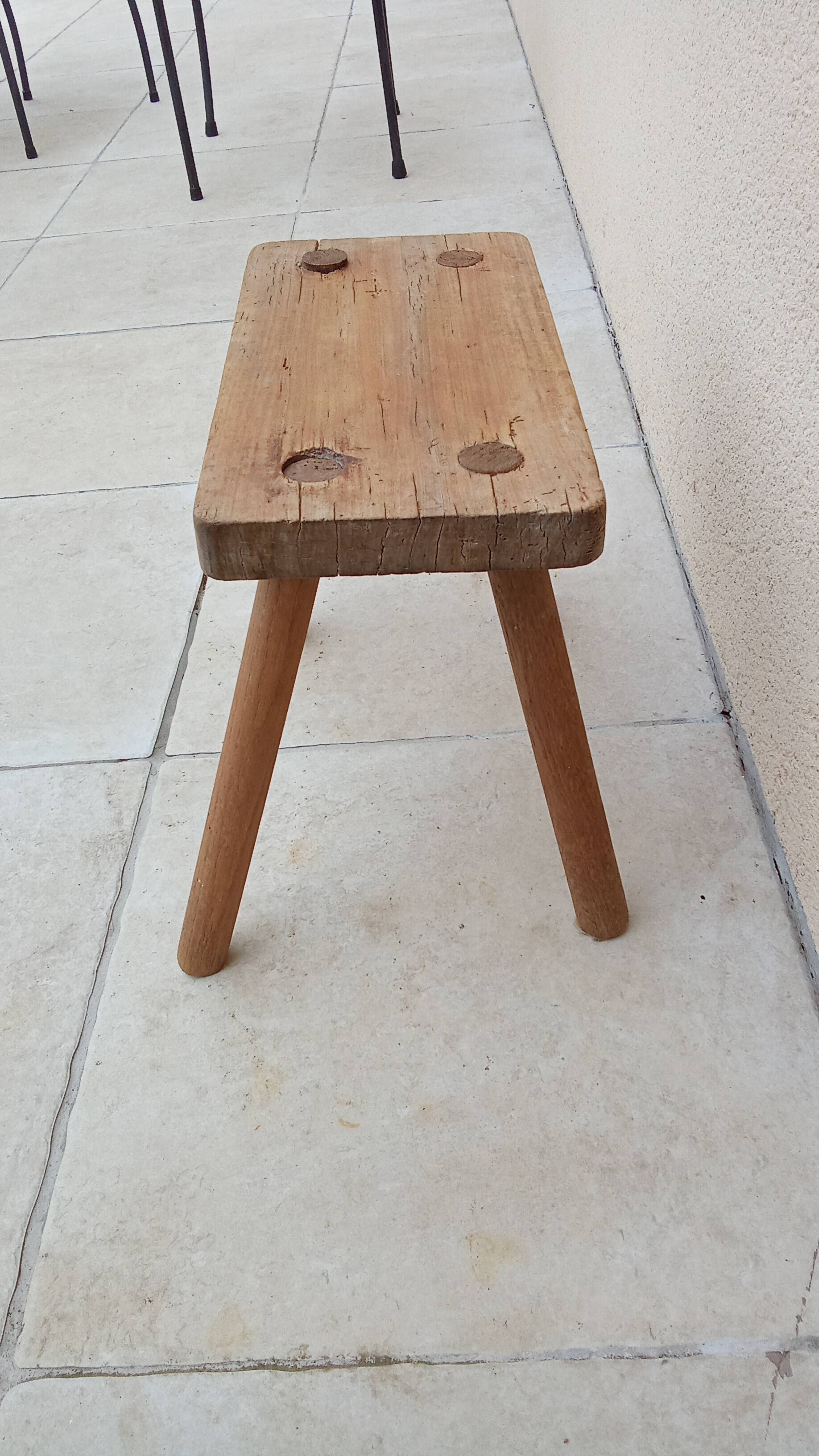 Vintage old wooden farmhouse stool treated brutalist