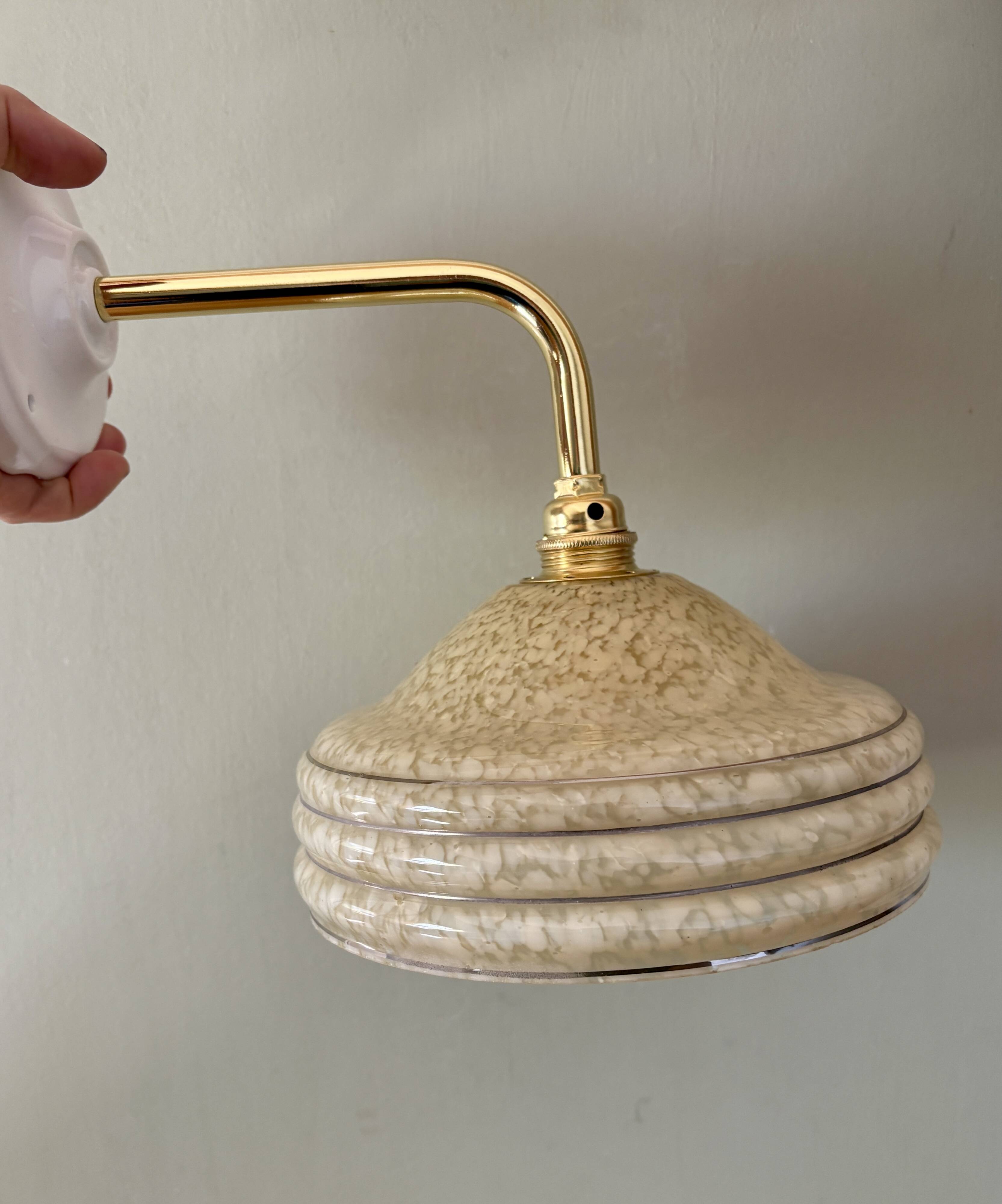 Angled wall lamp with vintage shade in yellow Clichy glass and silver edging