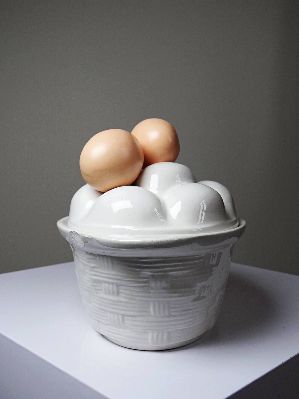 Vintage trompe-l’œil terrine with eggs in white earthenware, 1960s-1980s
