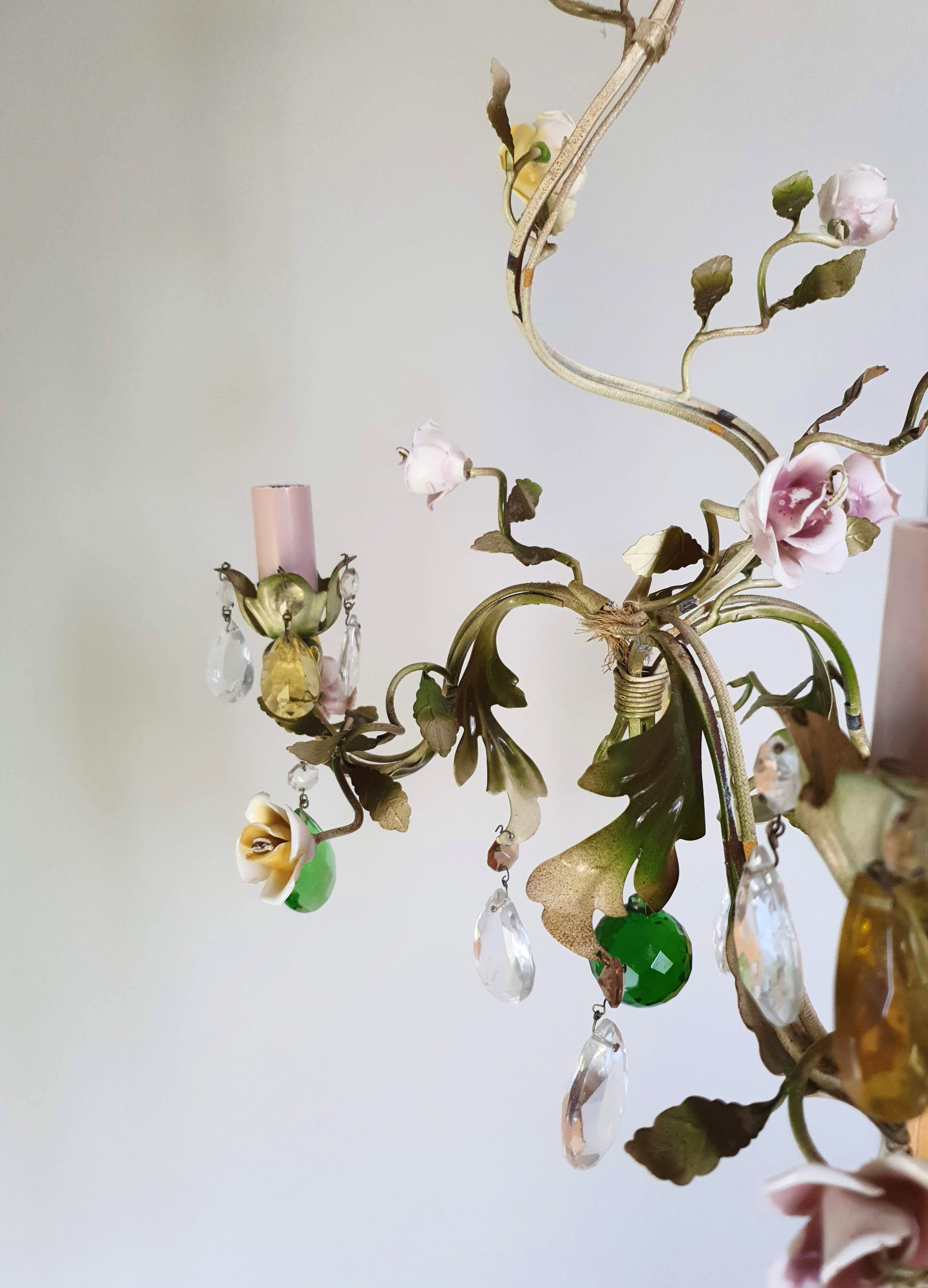 Painted metal chandelier and porcelain flowers