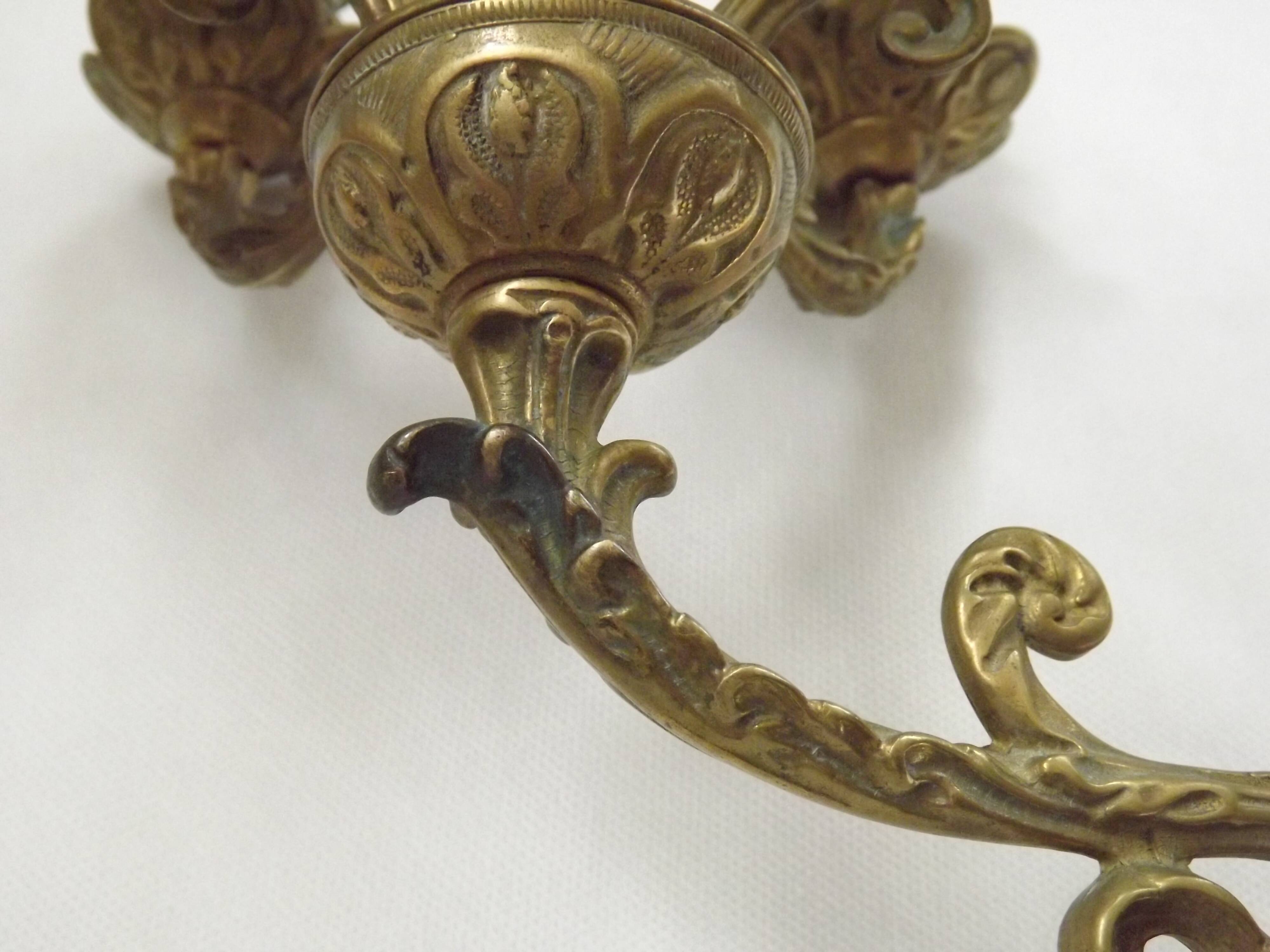 Pair Early 20th Century Rococo Revival Brass 5 Light Candle Wall Sconces