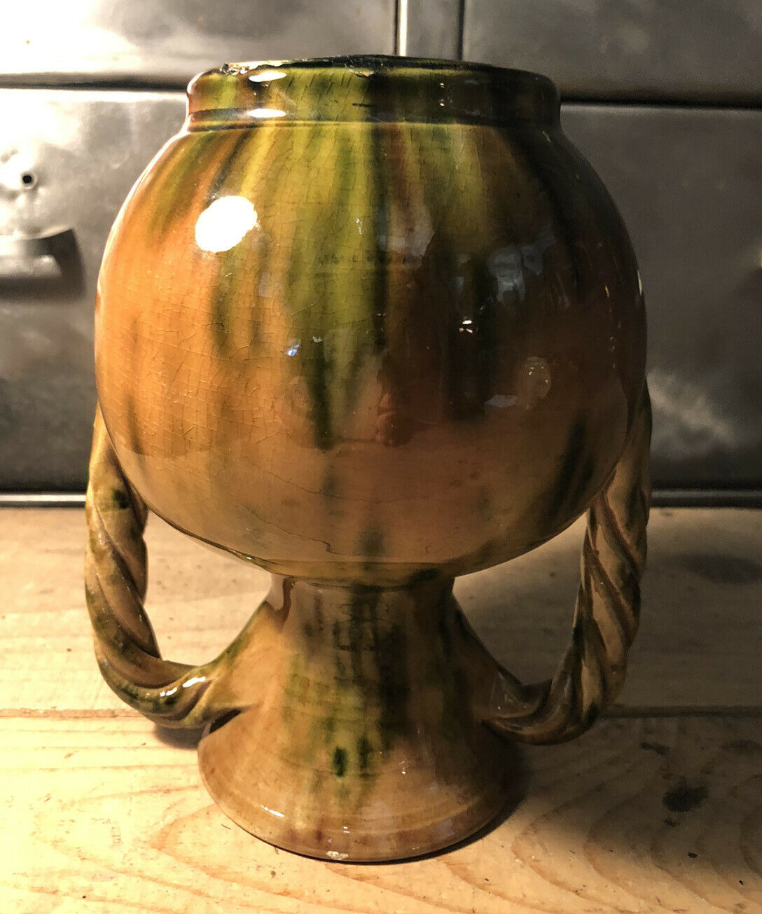 Handled vase in enameled ceramic, stamp to identify