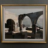 Huile sur toile Alain L'Hermitte Lhermitte architecture géométrique XXe