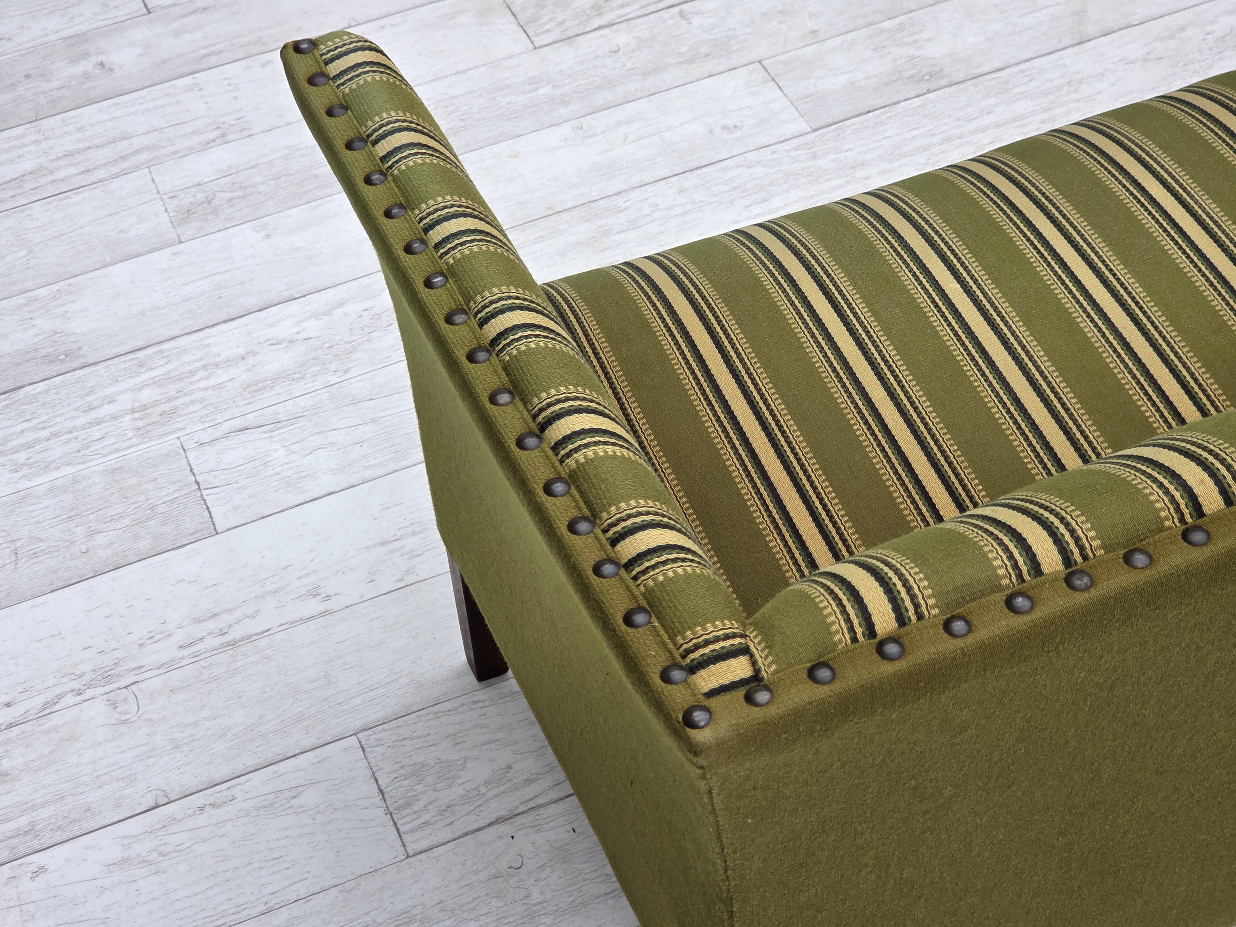 1970s, Danish 2-seater sofa, original green furniture wool, beech wood.