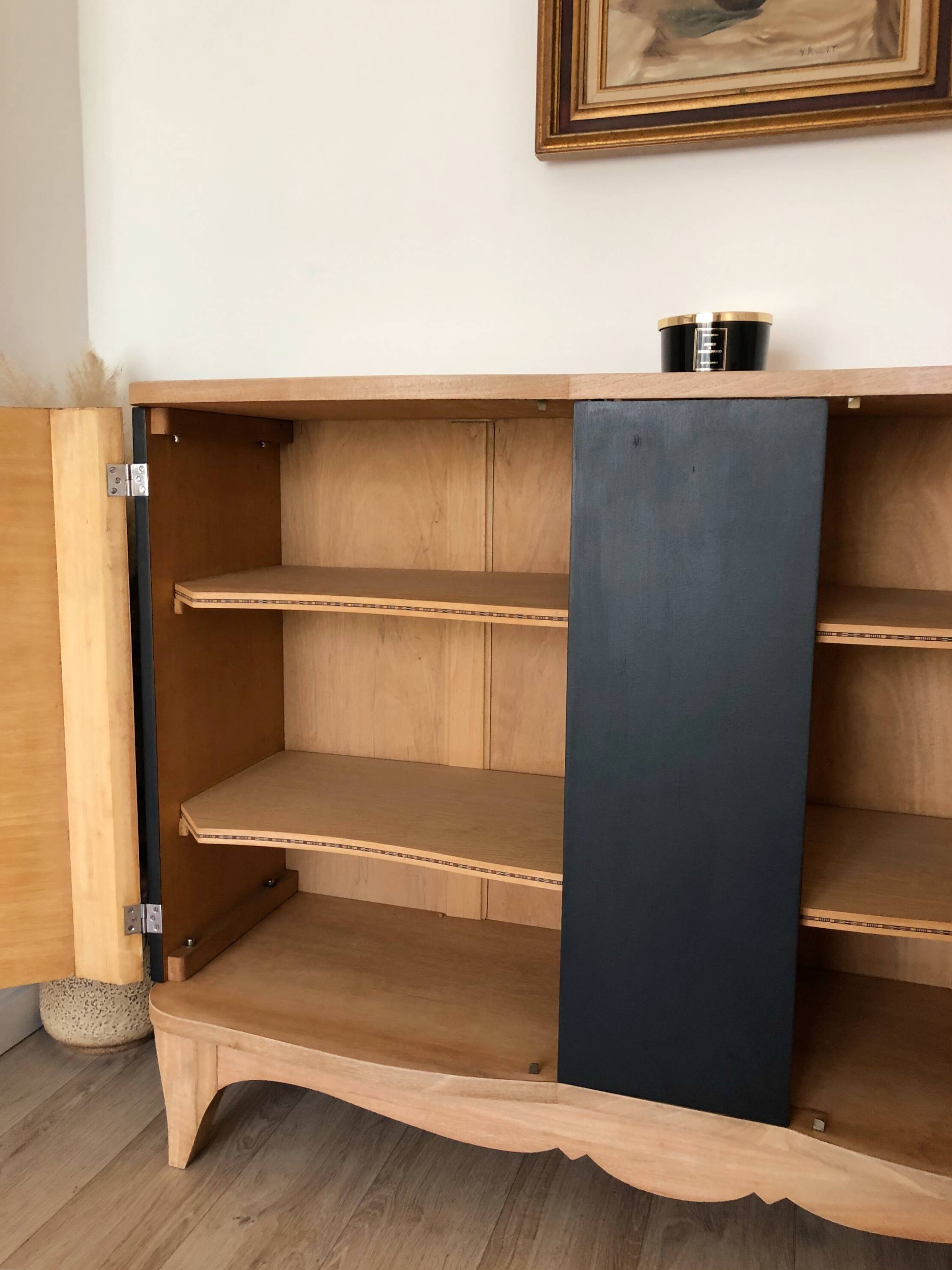 Superb Art Deco sideboard in matte black and raw wood