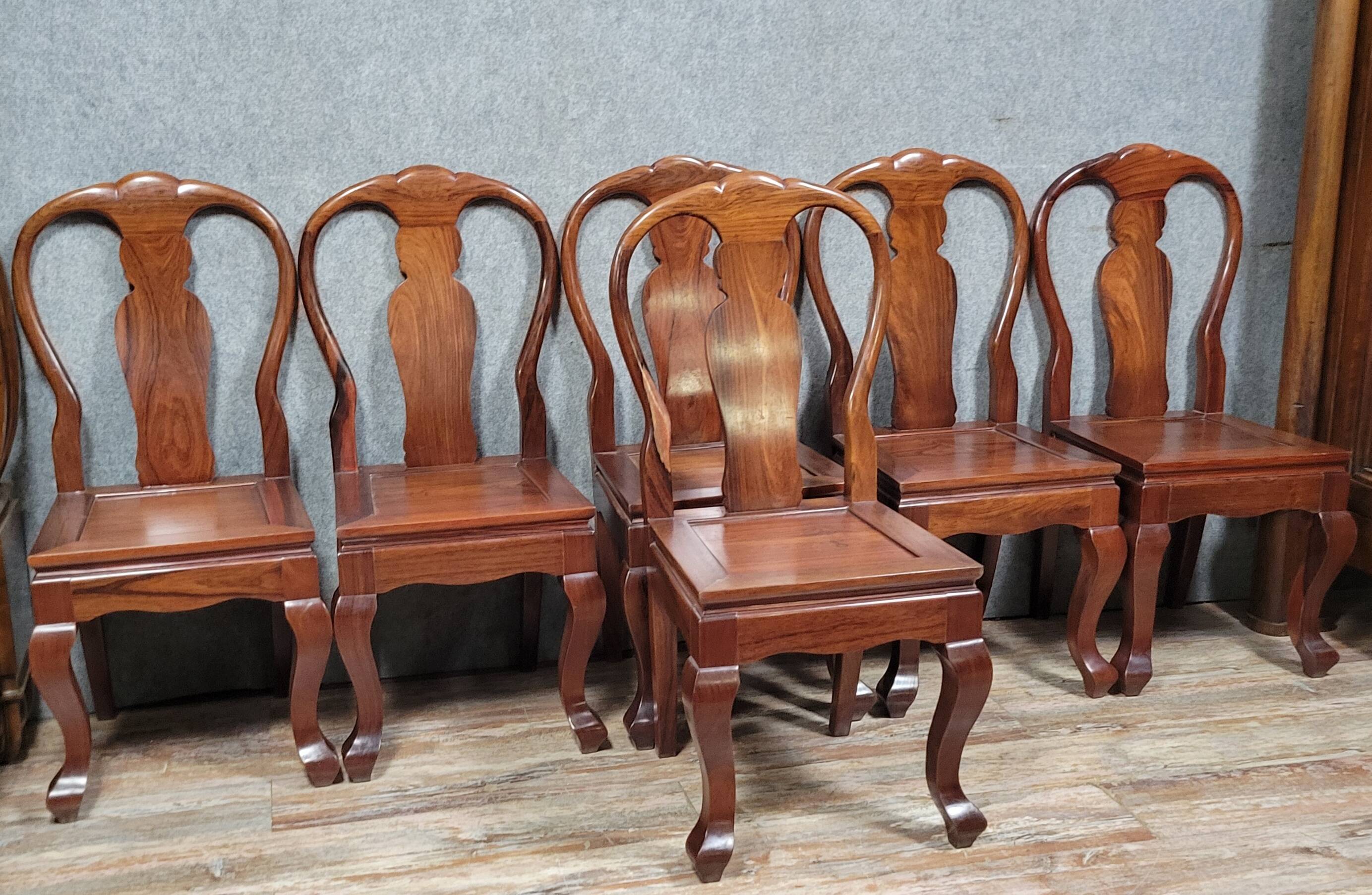 Asie XXeme : Série de 6 chaises en bois exotique