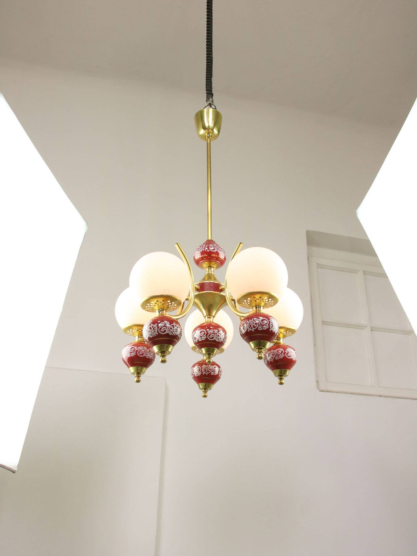 Mid-Century Italian Brass, Opaline & Ceramic Chandelier