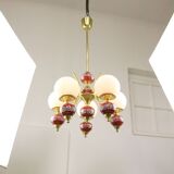 Mid-Century Italian Brass, Opaline & Ceramic Chandelier