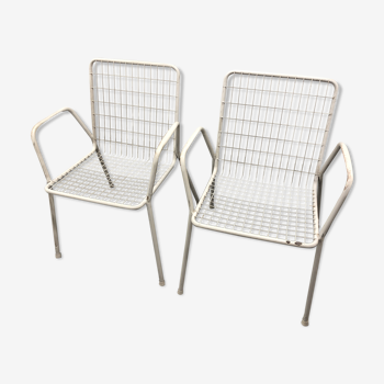 Pair vintage garden chairs white lace-up metal Emu
