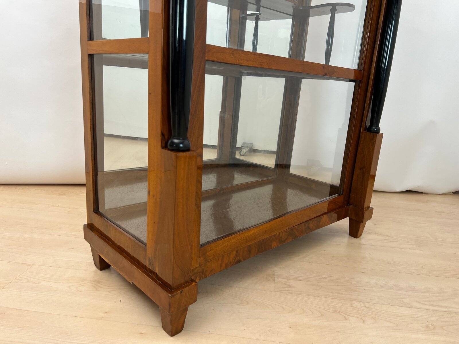 Biedermeier Vitrine in Walnut & Brass with Three Sides Glazed, South Germany, 1830