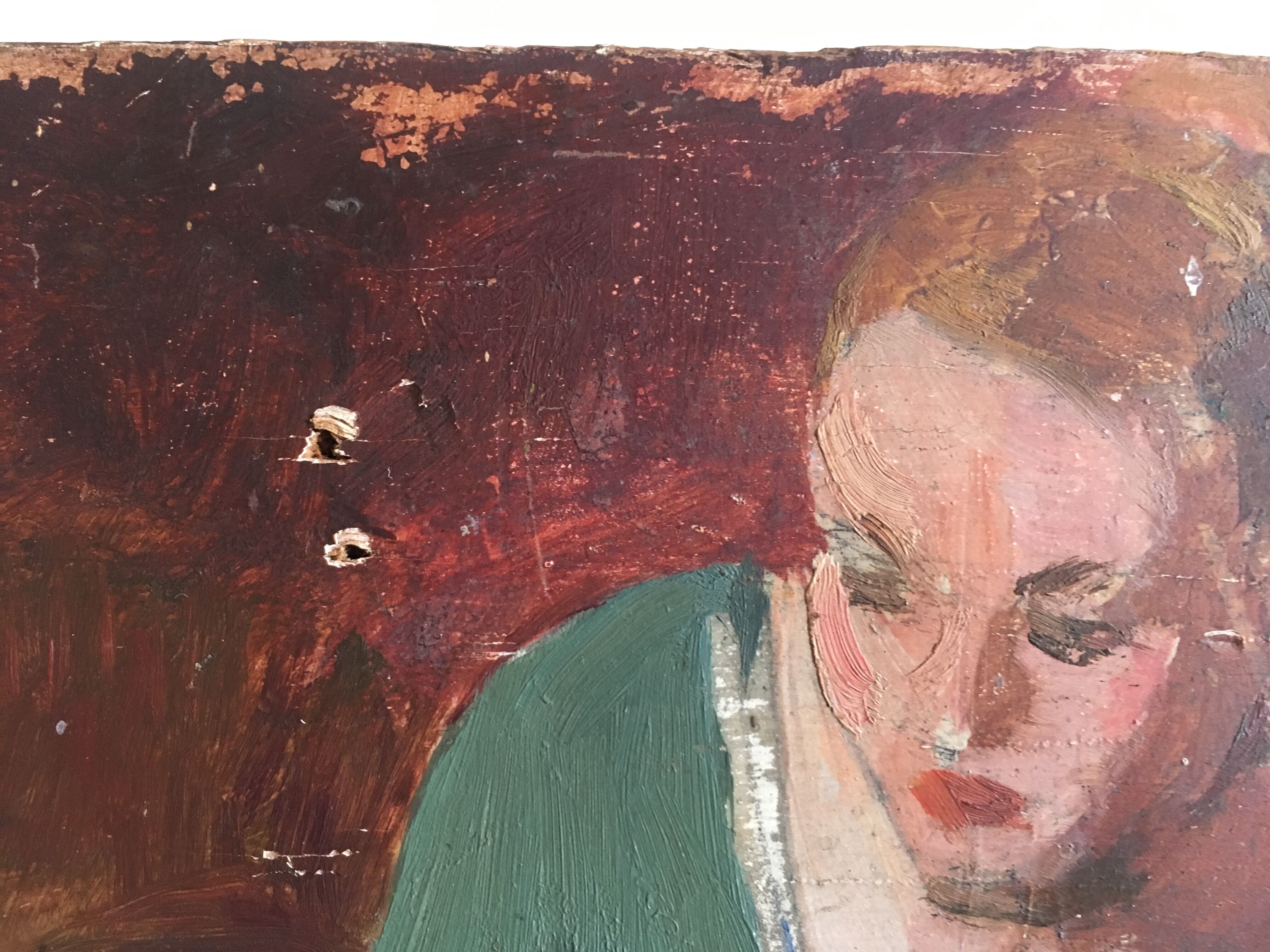 Interior scene "Seamstress at the kitchen table", oil on wood 50s