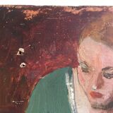 Interior scene "Seamstress at the kitchen table", oil on wood 50s