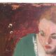 Interior scene "Seamstress at the kitchen table" oil on wood 50s