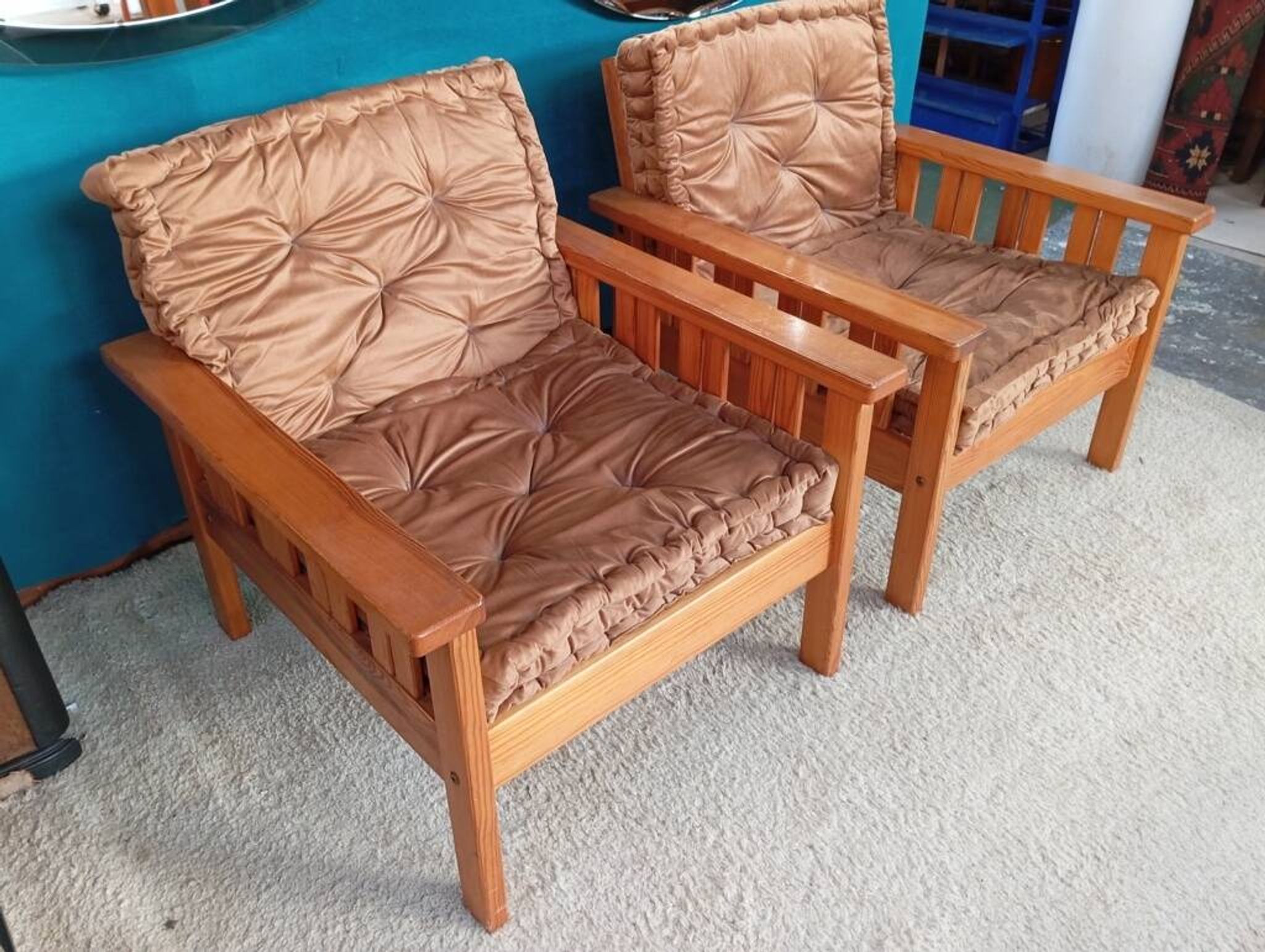 Pair of 70s pine armchairs