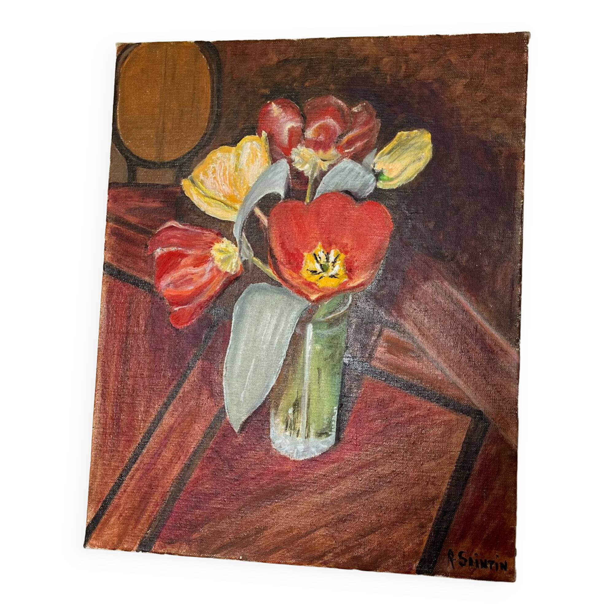 Still life canvas painting tulips on table signed r saintin