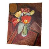 Tableau sur toile nature morte tulipes sur table signé r saintin