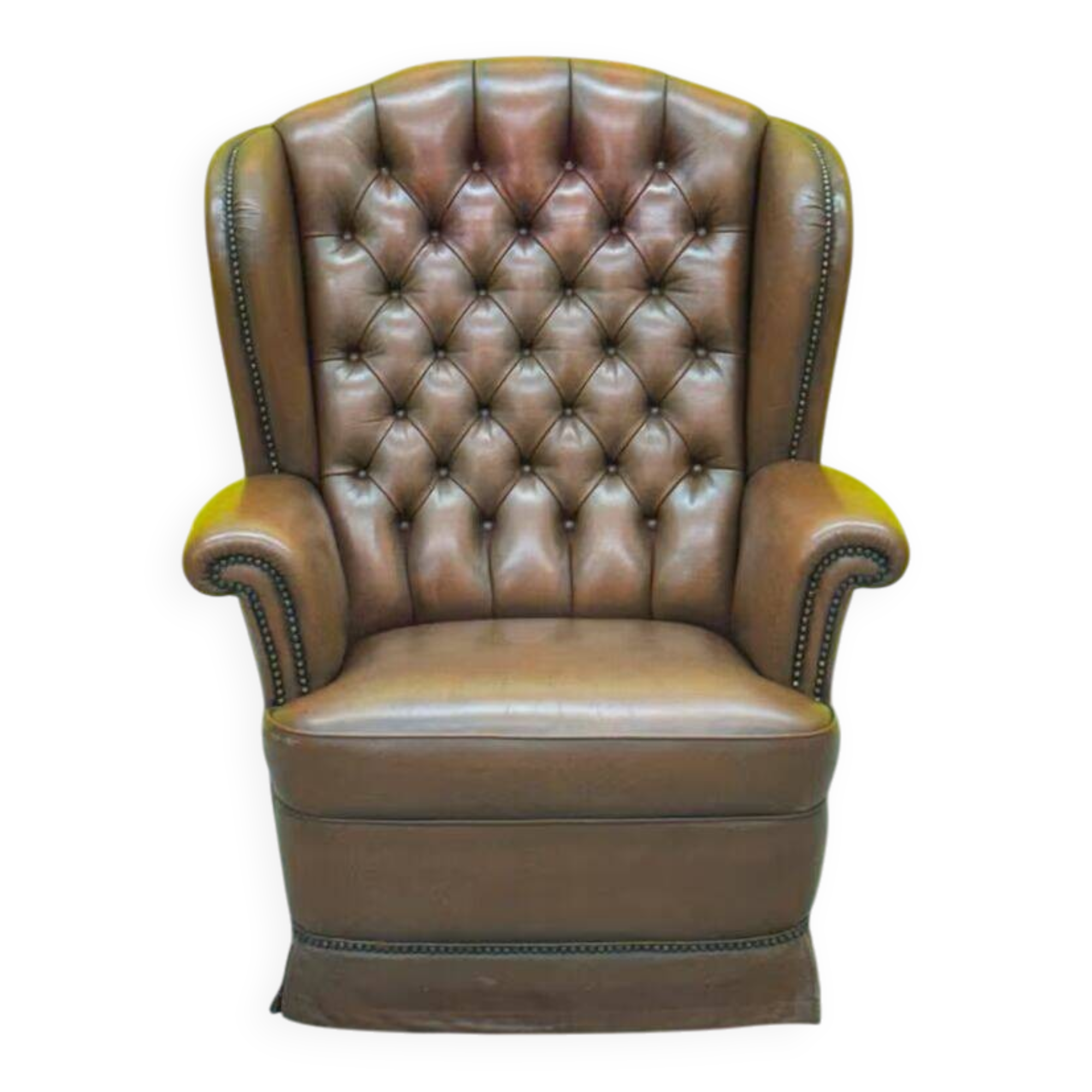 Original English Chesterfield Wingback Chair - Vintage Cognac Leather