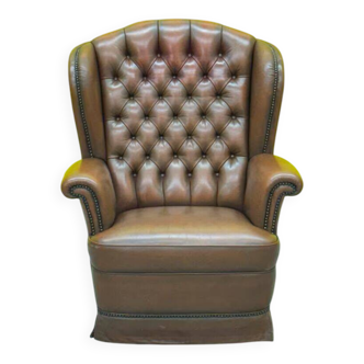 Original English Chesterfield Wingback Chair - Vintage Cognac Leather