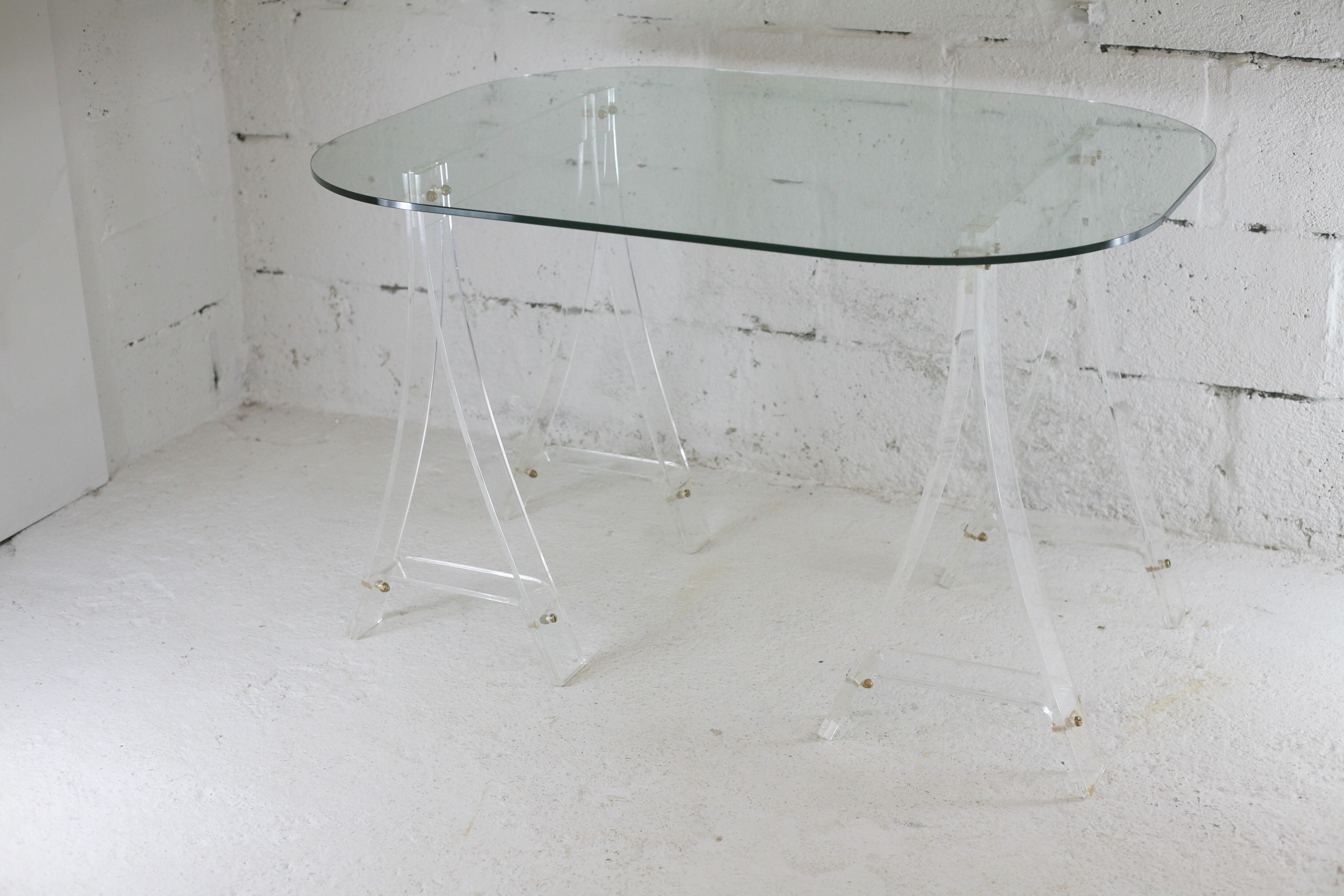 Office Plexiglas trestles, glass tray rounded edges, France, circa 1970