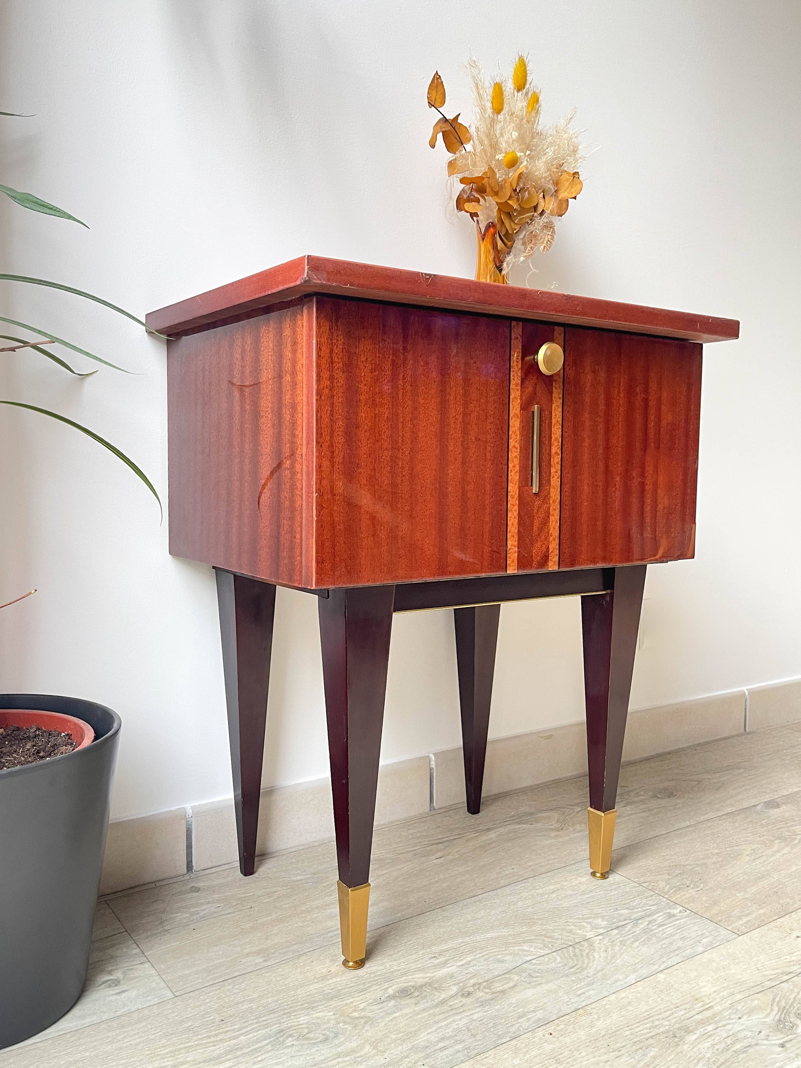 Vintage wood and brass bedside table, 1950s
