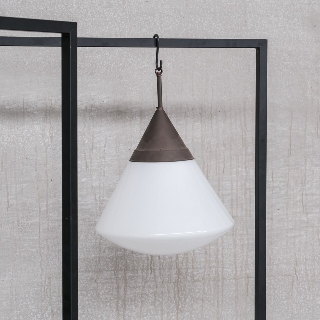 Trio of xl conical opaline mid-century pendant lights 1950