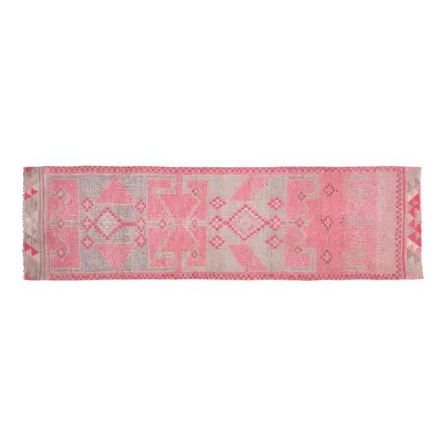 1970s Vintage Turkish Oushak Handmade Wool Cotton Pink Runner Rug 90x312