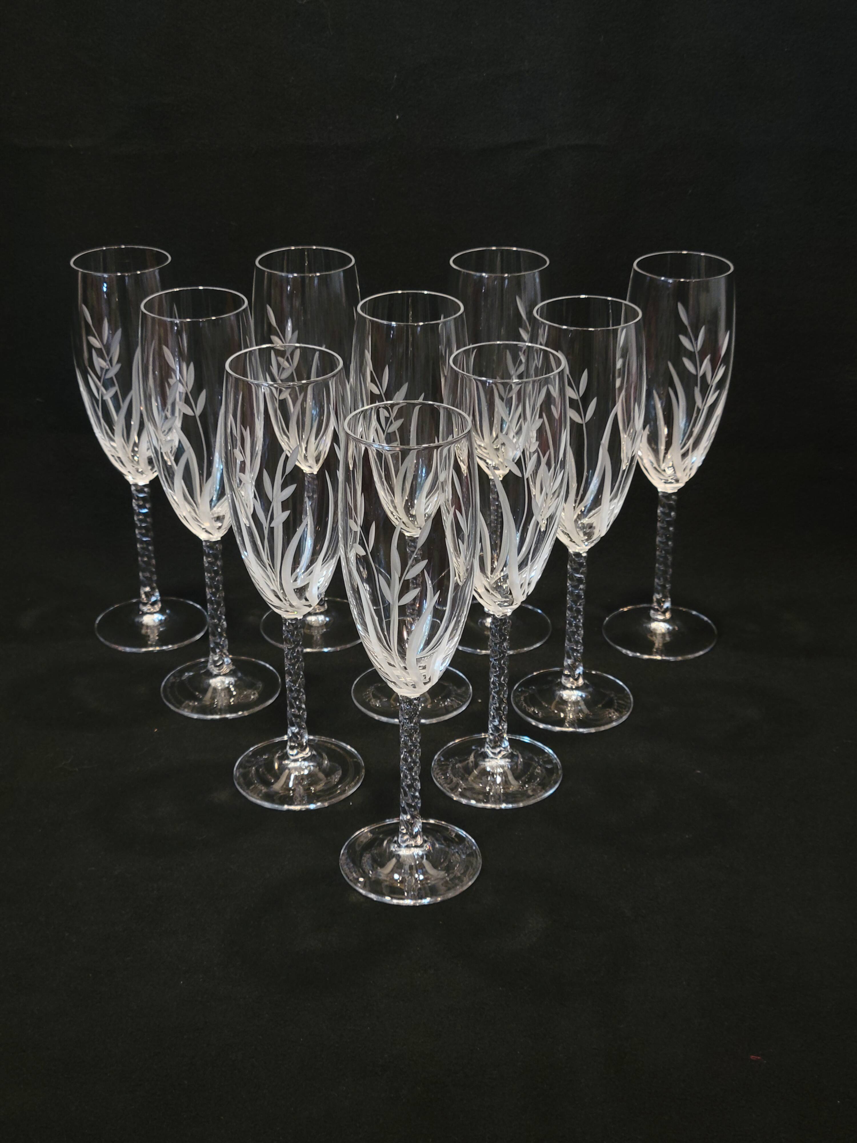 10 Arques Crystal Champagne Flutes, Fleury Cut Flamépis Pattern