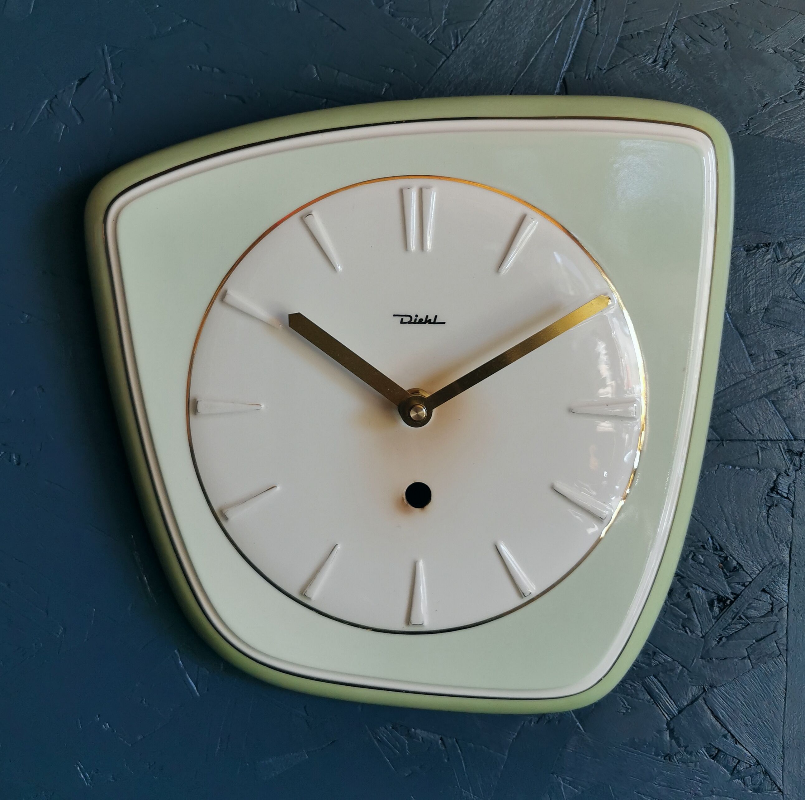 Vintage ceramic clock asymmetrical silent wall clock "Diehl golden green"