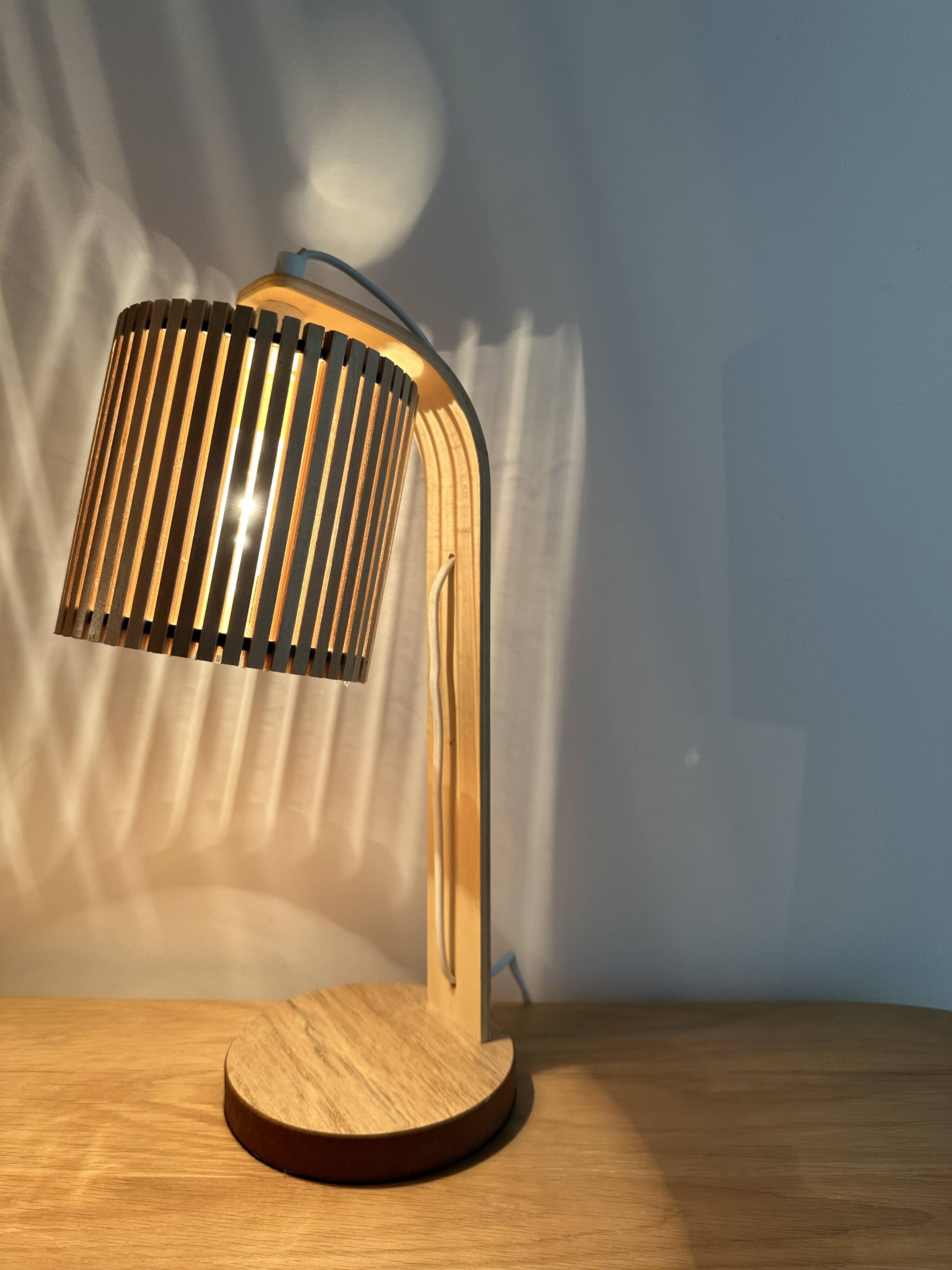 Pair of large Scandinavian lamps in natural wood.