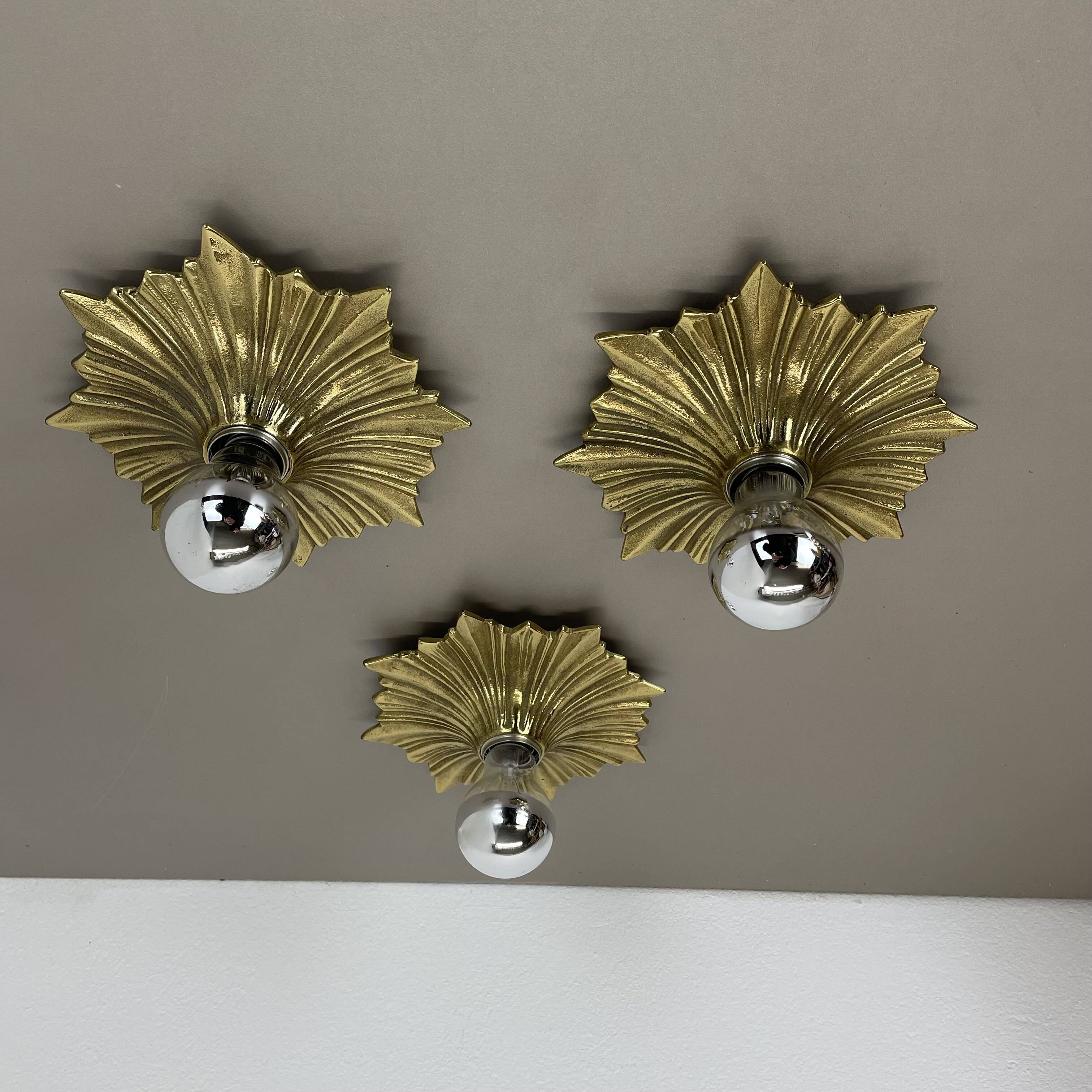 Set of Three Brutalist Bronze Sunburst Wall Lights, Italy 1950s