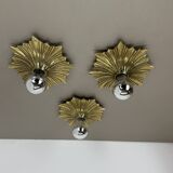 Set of Three Brutalist Bronze Sunburst Wall Lights, Italy 1950s