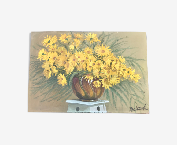 Tableau ancien Bouquet de Marguerites jaunes signé