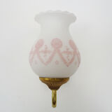 Pair of gooseneck wall sconces in gilded metal, white opaline with pink decorations