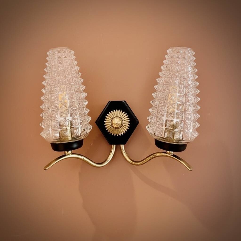 Double applique Mid Century Modern attributed to Maison Arlus, brass and glass.