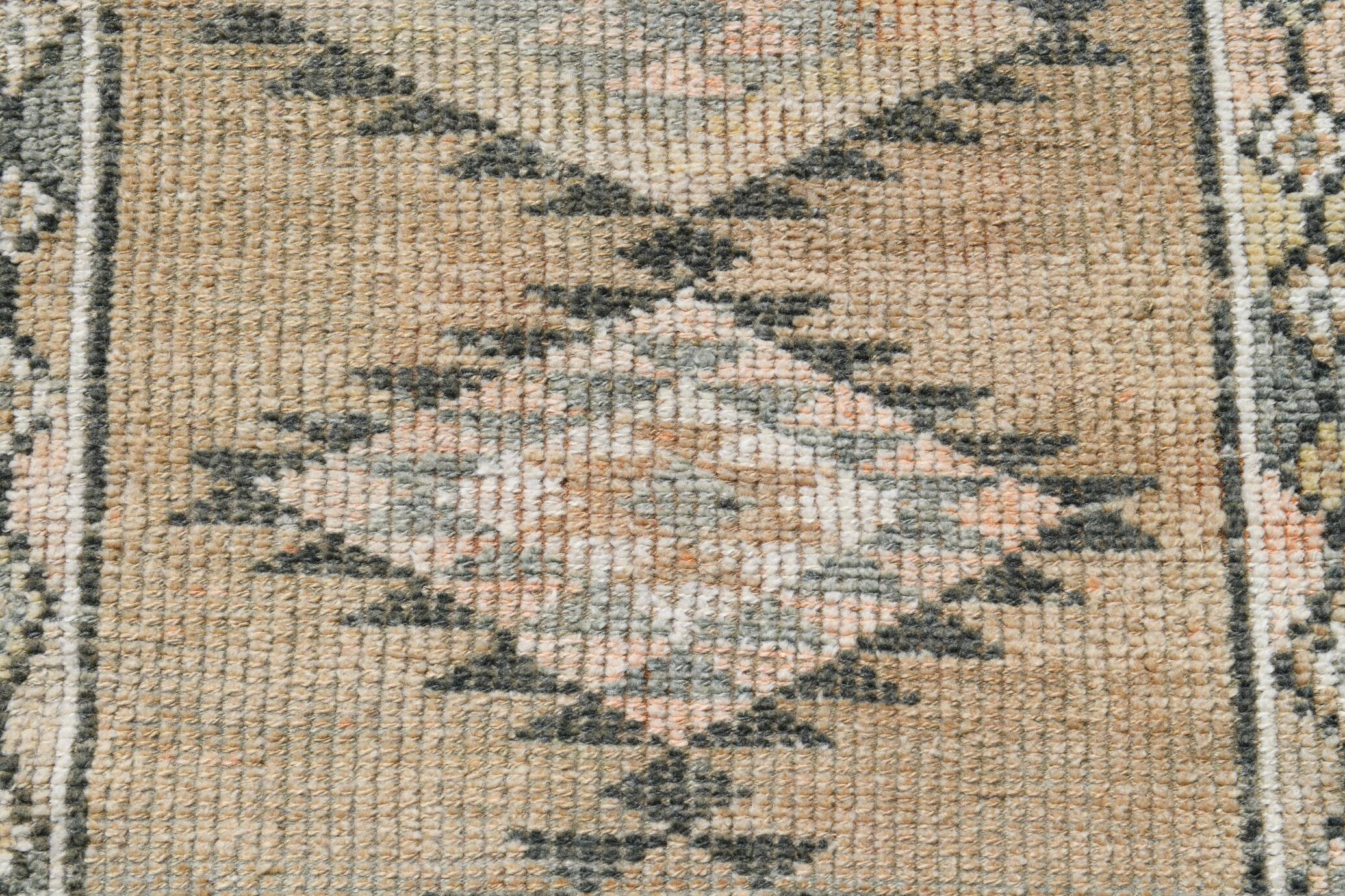 Tapis Couloir Vintage Beige Motifs Géométriques Anatoliens, 91x352 Cm